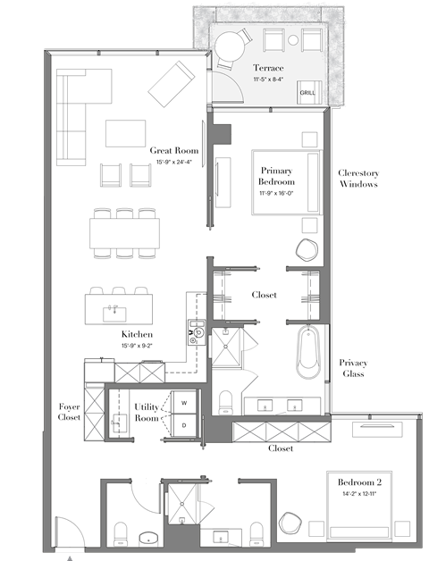 Floor plan for 2 beds, 2.5 baths, 1497 sqft